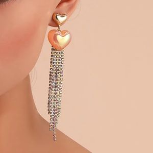 nOir long tassel rhinestone heart shaped drop dangle earrings- New